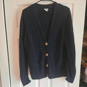 Vtg Ll Bean linen blend Womems Knit Cardigan Large Blue Fisherman Buttons chunky